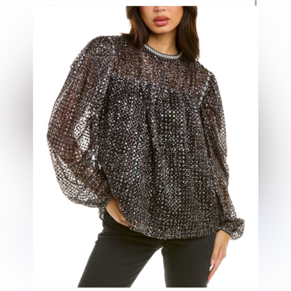 Maje Black And Gold Sequin Long Sleeve Blouse Embellished Organza